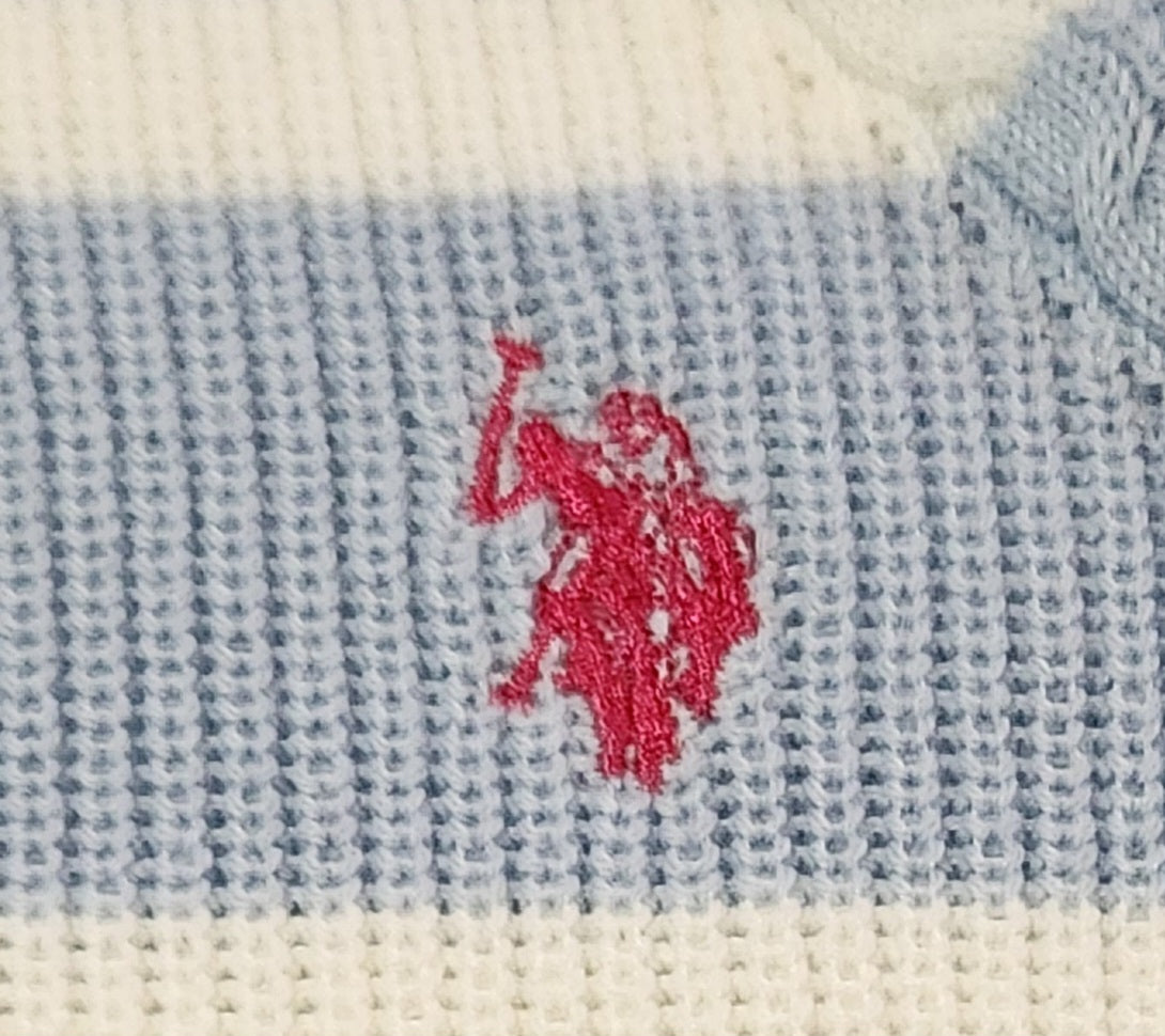 US Polo Assn Women's Blue And White Stripe Crew Neck Long Sleeve Sweater