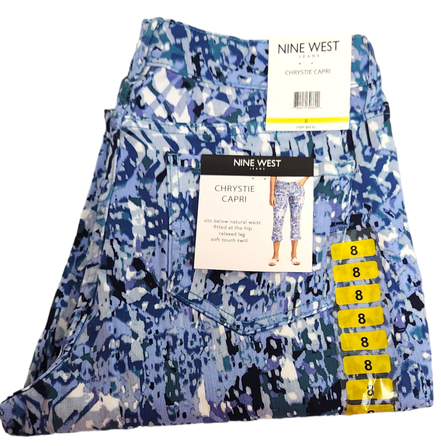 Nine West Chrystie Capri Twill Relaxed Leg Denim Blue Print Size 8