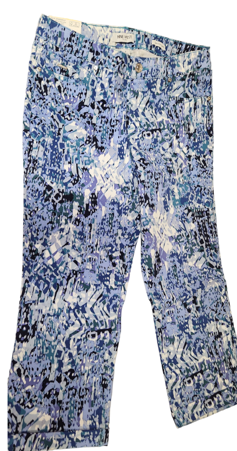 Nine West Chrystie Capri Twill Relaxed Leg Denim Blue Print Size 8