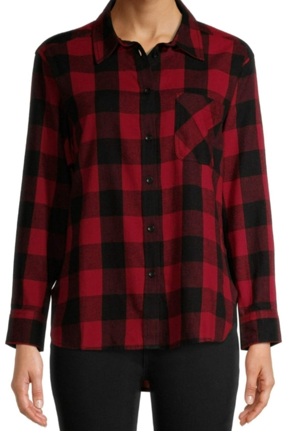 Time and Tru Women's Red Plaid Flannel Button Front Shirt
