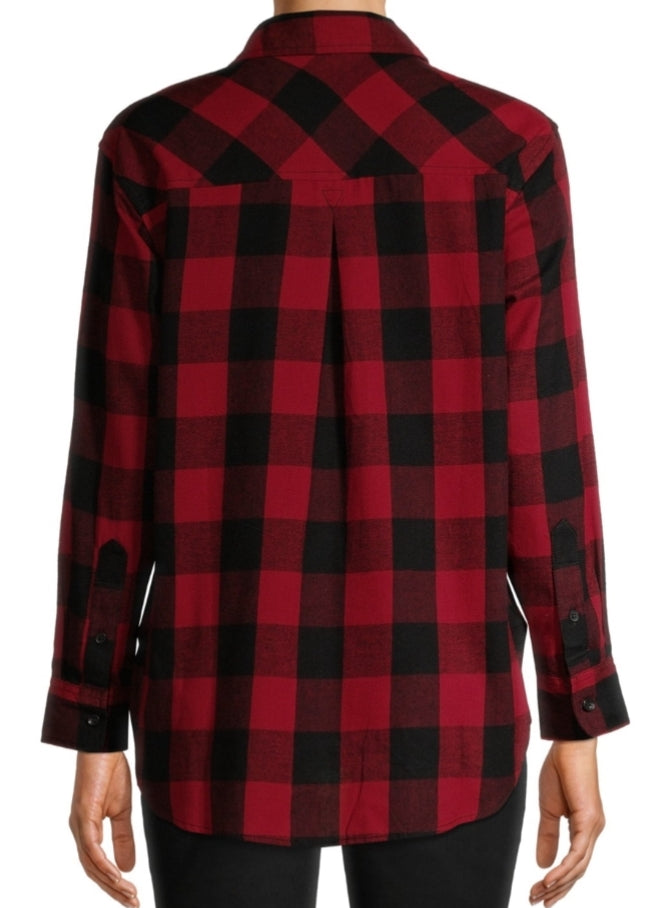 Time and Tru Women's Red Plaid Flannel Button Front Shirt