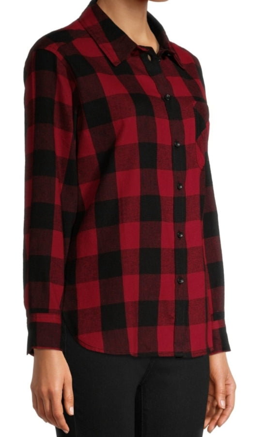 Time and Tru Women's Red Plaid Flannel Button Front Shirt