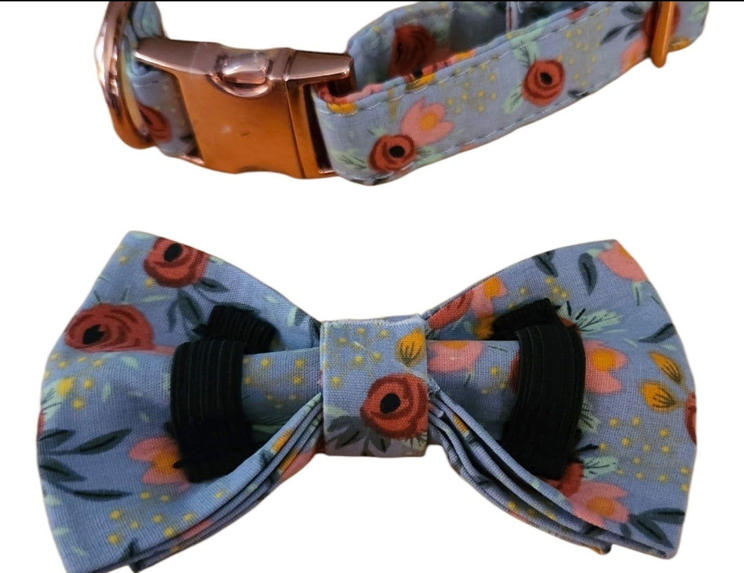 3 Piece Floral Dog Collar Removable Flower & Bow Tie Size Medium