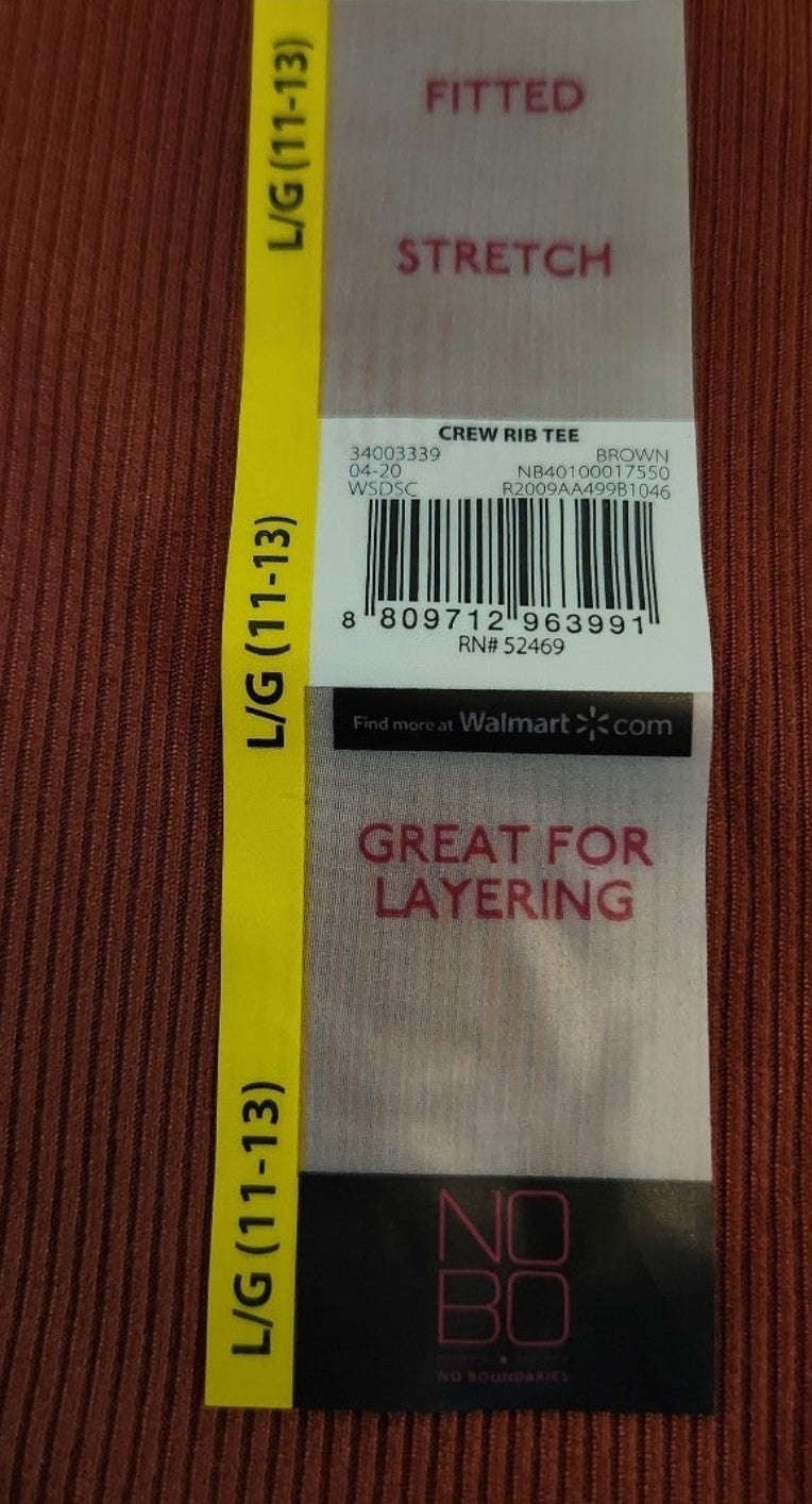 No Boundaries Fitted Stretch Ribbed Crew Neck Long Sleeve T-Shirt (Brown) L