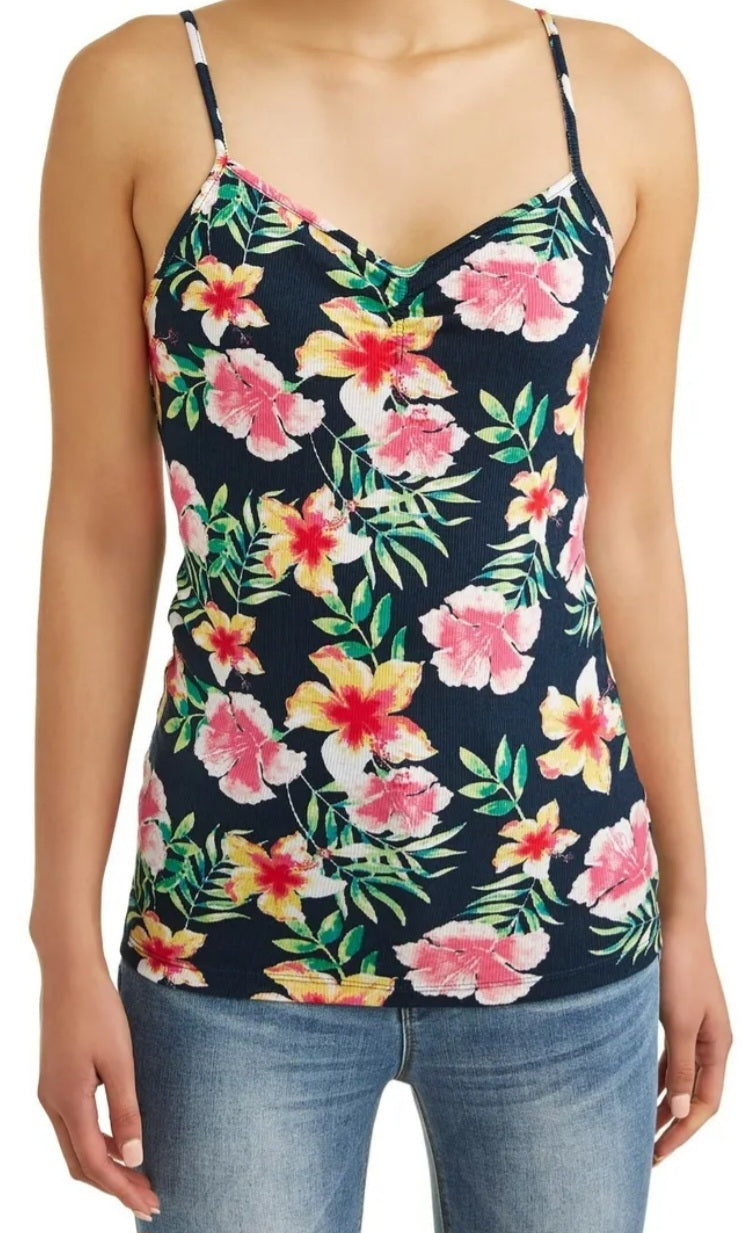 No Boundaries Women's Juniors Rib Cami Shirt Large (11-13) Blue Cove Tropical