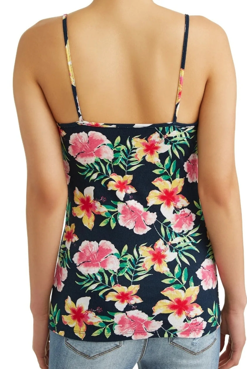 No Boundaries Women's Juniors Rib Cami Shirt Large (11-13) Blue Cove Tropical