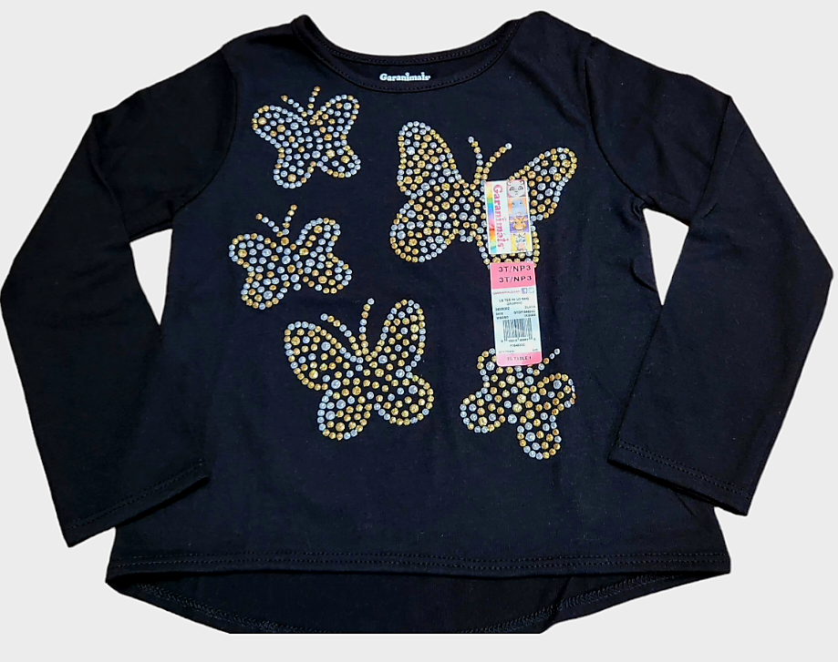 Garanimals Toddler Girls Black Long Sleeve T-Shirt With Butterflies 3T