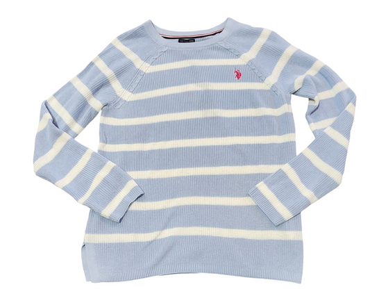 US Polo Assn Women's Blue And White Stripe Crew Neck Long Sleeve Sweater