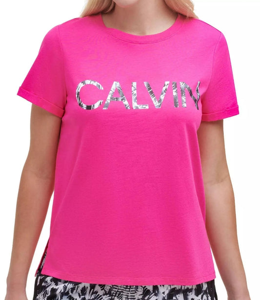 Calvin Klein Women's Soft Crew Neck Rolled Sleeve Graphic Logo T-shirt Pink