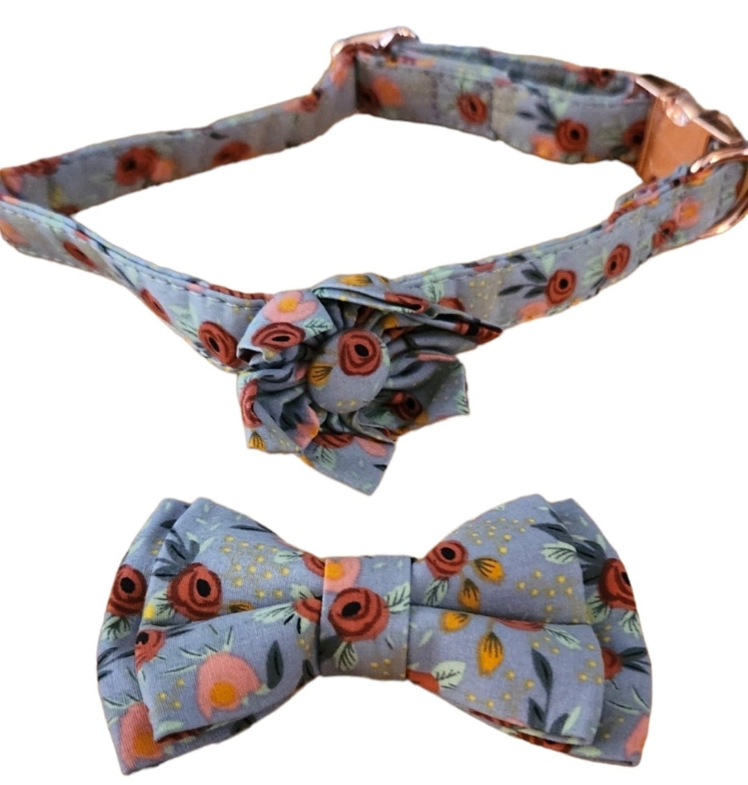 3 Piece Floral Dog Collar Removable Flower & Bow Tie Size Medium