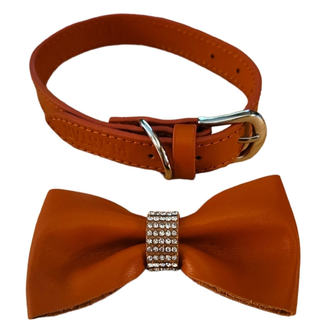 FLYSTAR Leather Dog Collar with Bow Tie - Adjustable for Small Medium Dogs